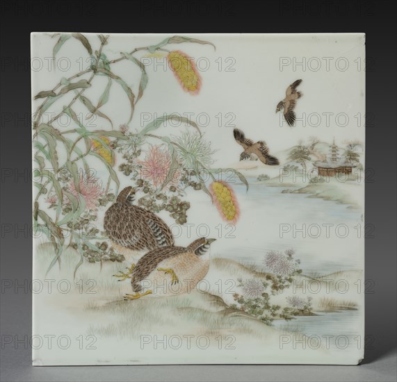 Plaque with Quail, Late 1700s. Japan, Late 18th century. Overglaze enamel porcelain; overall: 24.8 x 24.8 x 0.3 cm (9 3/4 x 9 3/4 x 1/8 in.).