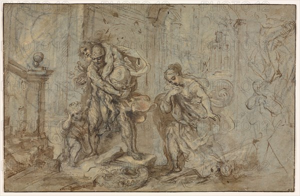 Aeneas Saving Anchises at the Fall of Troy, 1587-1588. Attributed to Federico Barocci (Italian, 1528-1612). Pen and brown ink, brush and brown wash and yellow gouache heightened with traces of white, over black chalk, with stylus (banister), framing lines in brown ink; sheet: 27.7 x 42.6 cm (10 7/8 x 16 3/4 in.)
