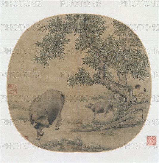 Man, Buffalo, and Calf, 1205 or 1265. Li You (Chinese, 1200s). Album leaf; ink and color on silk; image: 25 x 26.7 cm (9 13/16 x 10 1/2 in.); with mat: 33.3 x 40.5 cm (13 1/8 x 15 15/16 in.).