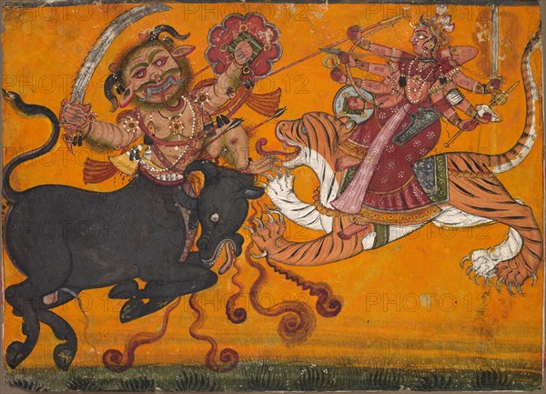Durga Slaying Mahisha, c. 1700-1710. India, Pahari Hills, Nurpur school, early 18th Century. Ink and color on paper; overall: 15.5 x 21.2 cm (6 1/8 x 8 3/8 in.).