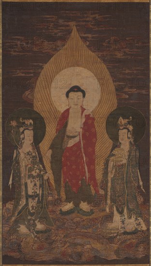 Amitabha Triad, possibly 1400s. Chinese, Ming dynasty (1368-1644). Hanging scroll, ink and color on silk; image: 95.3 x 50.2 cm (37 1/2 x 19 3/4 in.); overall: 196.2 x 73.3 cm (77 1/4 x 28 7/8 in.).