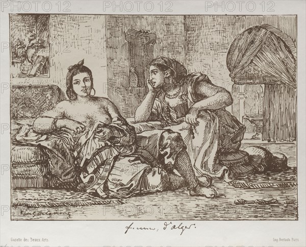 Printed in the Gazette des Beaux-Arts: Women of Algiers, 1833. Eugène Delacroix (French, 1798-1863), Bertauts. Lithograph printed in brown on a beige tint stone; sheet: 19.8 x 27.8 cm (7 13/16 x 10 15/16 in.); image: 16 x 22.1 cm (6 5/16 x 8 11/16 in.)