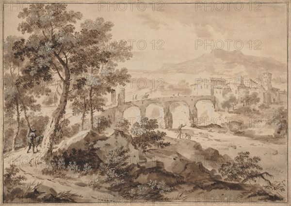 Landscape with Bridge, 1700-1729. Marco Ricci (Italian, 1676-1729). Brush and brown wash with green gouache, heightened with lead white; framing lines in brown ink; sheet: 40 x 54.5 cm (15 3/4 x 21 7/16 in.); image: 36.7 x 51.9 cm (14 7/16 x 20 7/16 in.).
