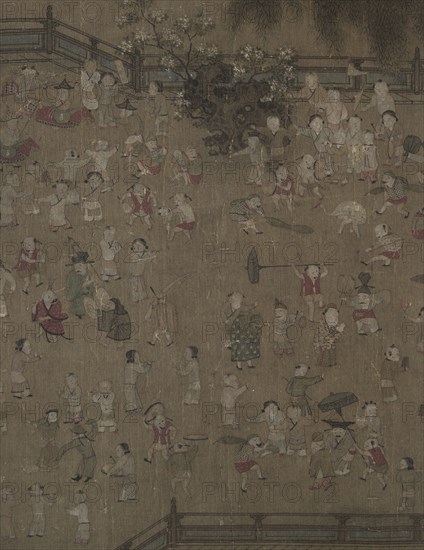 One Hundred Children at Play, 1100s - 1200s. Tradition of Su Hanchen (Chinese, active c. 1101-1125), tradition of Wang Juzhen (Chinese). Album leaf, ink and color on silk; image: 28.7 x 31.2 cm (11 5/16 x 12 5/16 in.); with mat: 33.3 x 40.5 cm (13 1/8 x 15 15/16 in.).