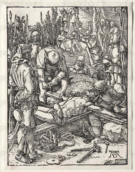 The Small Passion:  Christ Being Nailed to the Cross, 1509-1511. Albrecht Dürer (German, 1471-1528). Woodcut