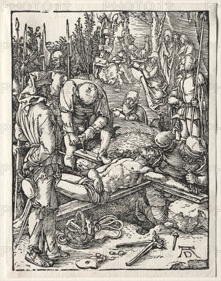 The Small Passion: Christ Being Nailed to the Cross, 1509-1511. Albrecht Dürer (German, 1471-1528). Woodcut