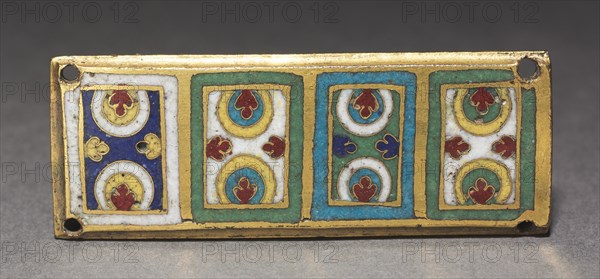 Plaque from a Reliquary Shrine, c. 1170. Germany, Rhine Valley, Cologne, Romanesque period, 12th century. Gilded copper; champlevé and cloisonné enamel; overall: 2.7 x 7.2 cm (1 1/16 x 2 13/16 in.)