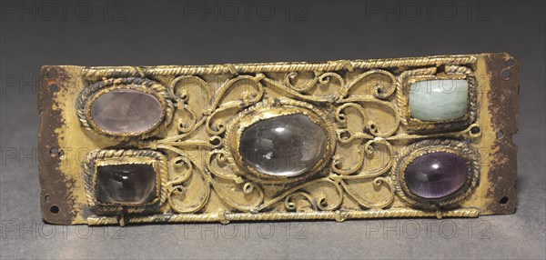 Decorative Plaque, Probably from a Reliquary Shrine, c. 1200. Germany, Cologne?, Romanesque period, 12th century. Gilded copper, gold wire, cabochons; overall: 2.9 x 8.3 cm (1 1/8 x 3 1/4 in.).