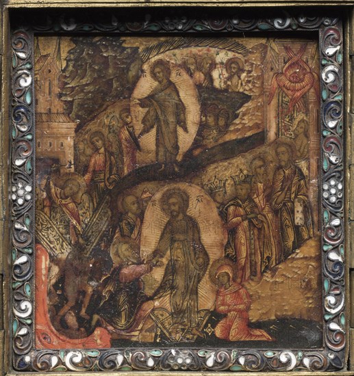 Portable Triptych Icon: The Resurrection and Anastasis, 1600s. Byzantium, Russia, Moscow?, Byzantine period, 17th century. Painted wood panel within enameled brass frame; unframed: 6.5 x 6 x 0.2 cm (2 9/16 x 2 3/8 x 1/16 in.); closed: 7.3 x 6.9 x 3.4 cm (2 7/8 x 2 11/16 x 1 5/16 in.); open and extended: 7 x 19.1 cm (2 3/4 x 7 1/2 in.)