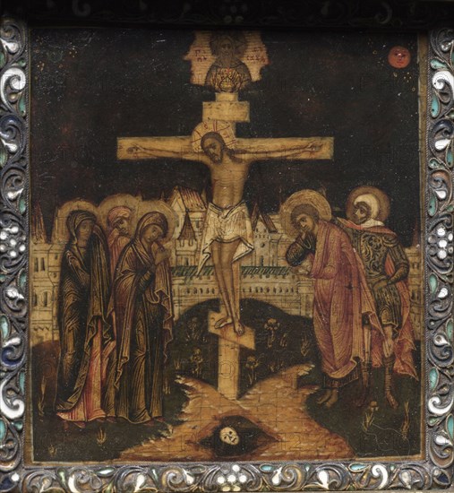 Portable Triptych Icon: The Crucifixion, 1600s. Byzantium. Russia, Moscow?, Byzantine period, 17th century. Painted wood panel within enameled brass frame; unframed: 6.5 x 6.2 x 0.7 cm (2 9/16 x 2 7/16 x 1/4 in.); closed: 7.3 x 6.9 x 3.4 cm (2 7/8 x 2 11/16 x 1 5/16 in.); open and extended: 7 x 19.1 cm (2 3/4 x 7 1/2 in.)