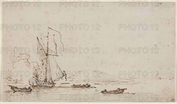 Yacht Receiving Salute, c. 1700. Willem van de Velde (Dutch, c. 1611-1693). Pen and brown ink over graphite; sheet: 16.9 x 29 cm (6 5/8 x 11 7/16 in.)