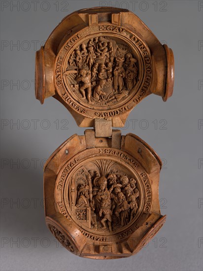 Prayer Nut with Scenes from the Life of St. James the Greater, c. 1500-1530. Adam Dircksz (Netherlandish, active c. 1500), and Workshop. Boxwood; overall: 5.8 x 4.8 cm (2 5/16 x 1 7/8 in.).