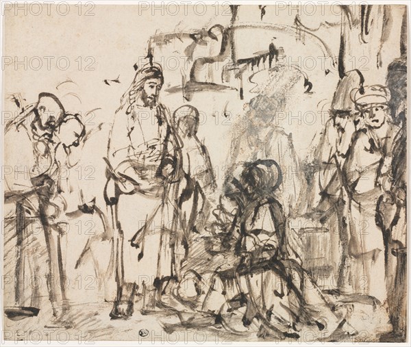 The Meeting of Christ with Martha and Mary after the Death of Lazarus, c. 1662–65. Rembrandt van Rijn (Dutch, 1606-1669). Reed pen and brown ink and wash, heightened with white gouache (in the heads of the kneeling figures); sheet: 17.5 x 20.8 cm (6 7/8 x 8 3/16 in.); secondary support: 17.5 x 20.8 cm (6 7/8 x 8 3/16 in.).