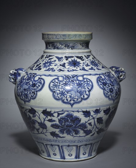 Jar with Lion-Head Handles, 1300s. China, Jiangxi province, Jingdezhen, Yuan dynasty (1271-1368). Porcelain with underglaze painted decoration; diameter of mouth: 15.6 cm (6 1/8 in.); overall: 39.4 x 37.5 cm (15 1/2 x 14 3/4 in.).