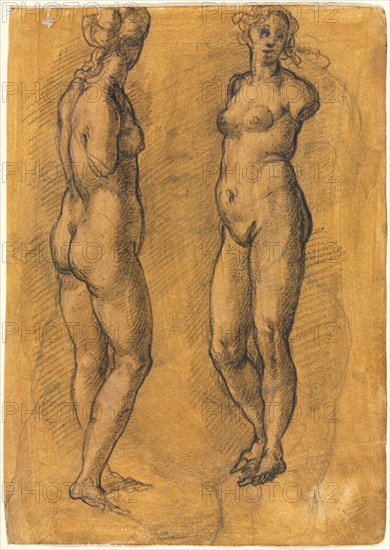 Copy of an Antique Statue of a Standing Woman (two views), over a Sketch of a Putto, 1570s. Jacopo Chimenti (Italian, c. 1554-1640). Black chalk heightened with traces of white paint and white chalk(?); sheet: 22.5 x 15.9 cm (8 7/8 x 6 1/4 in.).