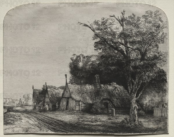 Landscape with Three Gabled Cottages beside a Road, 1650. Rembrandt van Rijn (Dutch, 1606-1669). Etching and drypoint; sheet: 16.2 x 20.4 cm (6 3/8 x 8 1/16 in.)