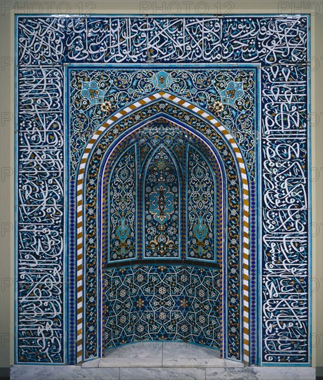 Prayer Niche (Mihrab), early 1600s. Iran, Isfahan. Ceramic mosaic; mihrab: 290.7 x 245.3 cm (114 7/16 x 96 9/16 in.); frieze: 69.2 x 1563.5 cm (27 1/4 x 615 9/16 in.).