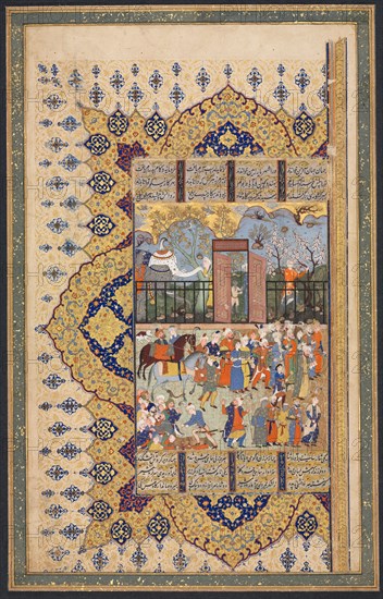 King Luhrasp Ascends the Throne: A Processon Arrives at Court (Recto); Left folio of a Double Page Illustrated and Illuminated Bi-folio with Text (Persian Verses) in the manuscript of Shahnama of Firdawsi, c. 1560s-80s. Iran, Shiraz, Safavid Period, 16th century. Opaque watercolor, ink and gold on paper; sheet: 47 x 29.7 cm (18 1/2 x 11 11/16 in.); image: 43.9 x 26.6 cm (17 5/16 x 10 1/2 in.).