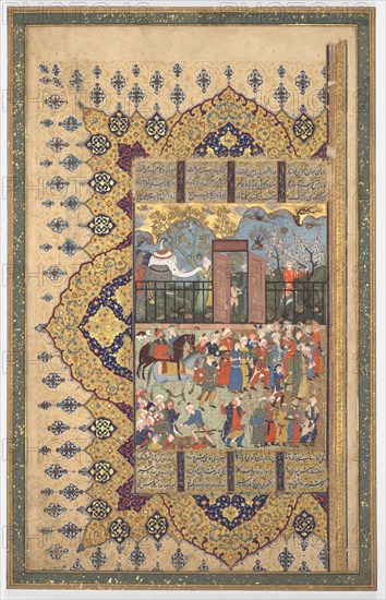 King Luhrasp Ascends the Throne: A Processon Arrives at Court (Recto); The Story of King Luhrasp (Verso), c. 1560s-80s. Iran, Shiraz, Safavid Period, 16th century. Opaque watercolor, ink and gold on paper; sheet: 47 x 29.7 cm (18 1/2 x 11 11/16 in.); image: 43.9 x 26.6 cm (17 5/16 x 10 1/2 in.)