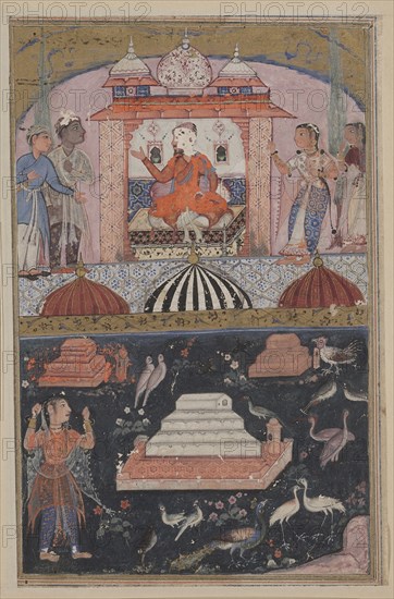 Page from Tales of a Parrot (Tuti-nama): First night: The merchant hears of his wife’s unfaithfulness (above); the unfaithful wife performs penance by plucking her hair (below), c. 1560. India, Mughal, Reign of Akbar, 16th century. Opaque watercolor and gold on paper; overall: 20 x 13.6 cm (7 7/8 x 5 3/8 in.).