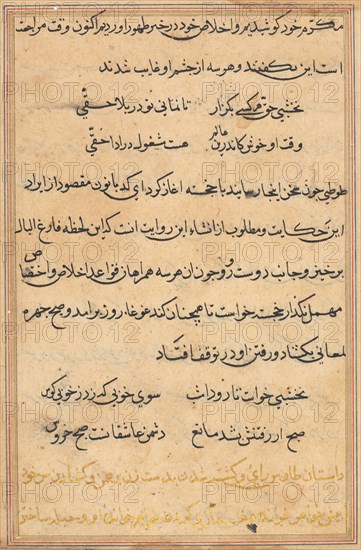 Page from Tales of a Parrot (Tuti-nama): text page, c. 1560. India, Mughal, Reign of Akbar, 16th century. Ink and gold on paper;