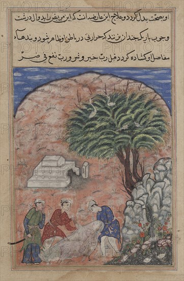Page from Tales of a Parrot (Tuti-nama): Twentieth night: The suitors take the devotee’s daughter out of her tomb after breaking it open when the physician discovers she is still alive, c. 1560. India, Mughal, Reign of Akbar, 16th century. Opaque watercolor, ink and gold on paper;