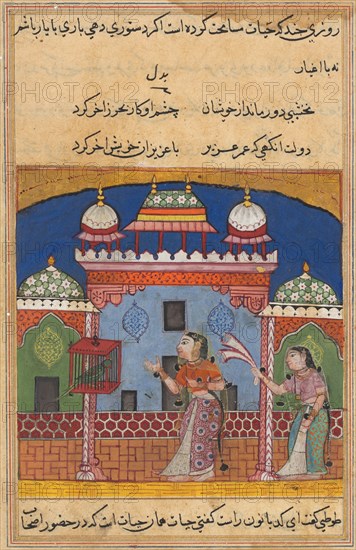 Page from Tales of a Parrot (Tuti-nama): Twenty-second night: The parrot addresses Khujasta at the beginning of the twenty-second night, c. 1560. India, Mughal, Reign of Akbar, 16th century. Opaque watercolor, ink and gold on paper