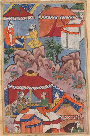 Page from Tales of a Parrot (Tuti-nama): Twenty-fourth night: Bashir confides his love for Habbaza to an Arab friend, and sends him to her with a message, c. 1560. India, Mughal, Reign of Akbar, 16th century. Opaque watercolor and gold on paper;