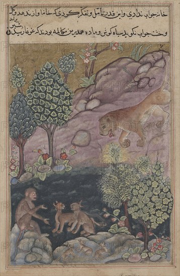 Tuti-Nama (Tales of a Parrot): Tale XXIX, The Lion Returns to His Territory and Sees the Monkey Conversing with the Lynx, c. 1560. India, Mughal, Reign of Akbar, 16th century. Color and gold on paper; overall: 20 x 14.1 cm (7 7/8 x 5 9/16 in.).