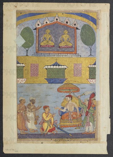 Page from Tales of a Parrot (Tuti-nama): Third night: The goldsmith and the carpenter inform the king of a dream in which the golden images plan to desert the city for lack of worshippers, c. 1560. India, Mughal, Reign of Akbar, 16th century. Opaque watercolor and gold on paper;