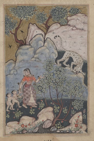 Page from Tales of a Parrot (Tuti-nama): Thirtieth night: A woman with two children, having abandoned her home, goes into the forest where she encounters a leopard, c. 1560. India, Mughal, Reign of Akbar, 16th century. Opaque watercolor and gold on paper;