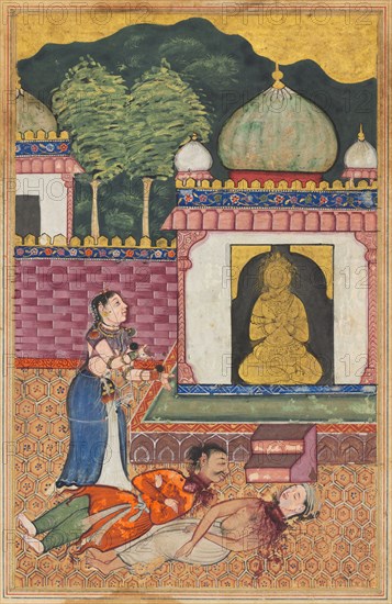 Page from Tales of a Parrot (Tuti-nama): Thirty-fourth night: The princess discovers the dead bodies, with heads severed, of her husband and his Brahmin friend, c. 1560. India, Mughal, Reign of Akbar, 16th century. Opaque watercolor and gold on paper;