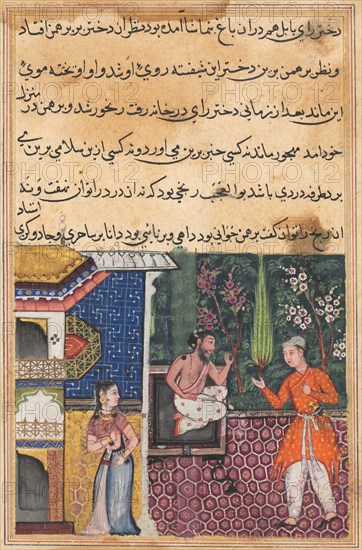 Page from Tales of a Parrot (Tuti-nama): Thirty-fifth night: The Brahman gives an account of his falling in love with the king of Babylon’s daughter to his friend, the magician, c. 1560. Mughal India, reign of Akbar (1556–1605). Opaque watercolor, ink, and gold on paper; overall: 20.3 x 14 cm (8 x 5 1/2 in.).