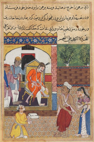 Page from Tales of a Parrot (Tuti-nama): Thirty-fifth night: The magician, disguised as a Brahman, visits the king of Babylon, c. 1560. Mughal India, reign of Akbar (1556–1605). Opaque watercolor, ink, and gold on paper