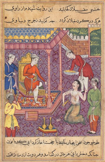 Page from Tales of a Parrot (Tuti-nama): Thirty-fifth night: The magician disguised as a Brahman returns to claim his “daughter-in-law”, c. 1560. Mughal India, reign of Akbar (1556–1605). Opaque watercolor, ink, and gold on paper; overall: 20.3 x 14 cm (8 x 5 1/2 in.).