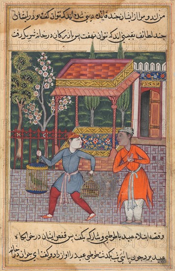 Page from Tales of a Parrot (Tuti-nama): Forty-second night: The merchant of Tirmiz takes the wise parrot and myna to ‘Ubaid, c. 1560. India, Mughal, Reign of Akbar, 16th century. Opaque watercolor, ink and gold on paper;