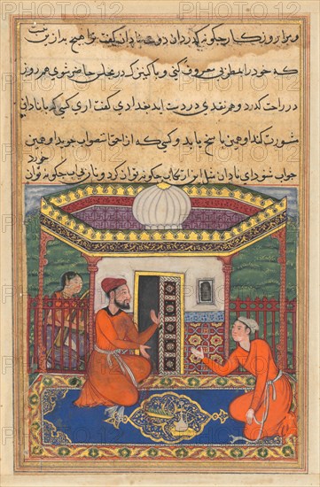 Page from Tales of a Parrot (Tuti-nama): Forty-eighth night: The young man of Baghdad solicits advice from a friend at the behest of his slave-girl who is adept at music, c. 1560. India, Mughal, Reign of Akbar, 16th century. Opaque watercolor, ink and gold on paper