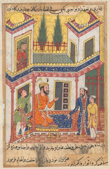 Page from Tales of a Parrot (Tuti-nama): Fiftieth night: The merchant returns bringing a young slave who is really the son of the princess of Rum, now married to the king, c. 1560. India, Mughal, Reign of Akbar, 16th century. Opaque watercolor, ink and gold on paper