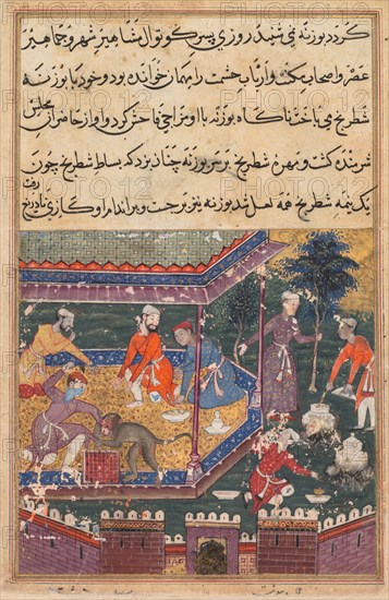 Page from Tales of a Parrot (Tuti-nama): Fifth night: The wounded monkey bites the hand of the prince, his chessmate, in the presence of guests, c. 1560. India, Mughal, Reign of Akbar, 16th century. Opaque watercolor, ink and gold on paper; page: 20 x 14.2 cm (7 7/8 x 5 9/16 in.); painting: 10.2 x 10.6 cm (4 x 4 3/16 in.).