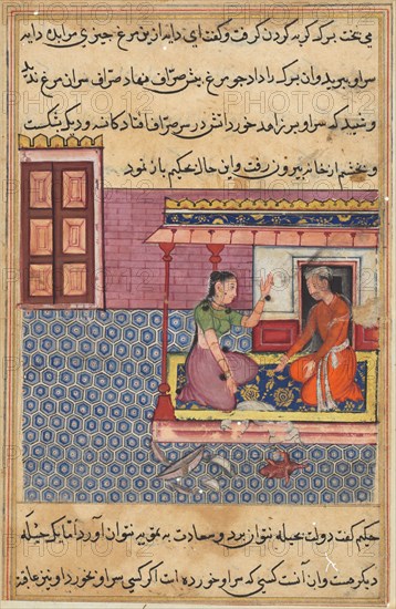 Page from Tales of a Parrot (Tuti-nama): Fifty-second night: The pious man’s wife offers the seven-colored bird as food to her lover, but not finding its head, he breaks the pot and bowl in anger, c. 1560. India, Mughal, Reign of Akbar, 16th century. Opaque watercolor, ink and gold on paper;
