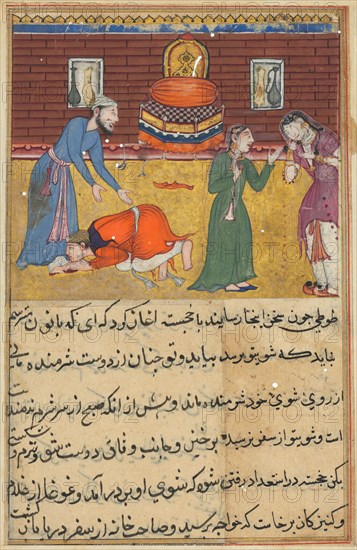 Page from Tales of a Parrot (Tuti-nama): Fifty-second night: The pious man’s son, now a king, reveals himself to his father.  His nurse upbraids his unfaithful mother, c. 1560. India, Mughal, Reign of Akbar, 16th century. Opaque watercolor, ink and gold on paper