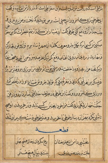 Page from Tales of a Parrot (Tuti-nama): text page, c. 1560. Attributed to Basavana (Indian, active c. 1560–1600). Ink and gold on paper;