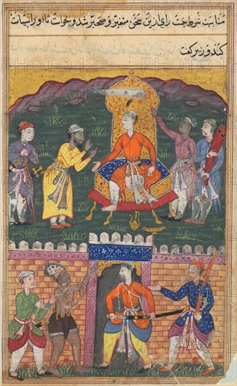 Page from Tales of a Parrot (Tuti-nama): Seventh night: The vizier dissuades the king of Bahilistan from executing the darwish who asks for his daughter’s hand in marriage, c. 1560. India, Mughal, Reign of Akbar, 16th century. Opaque watercolor, ink and gold on paper;