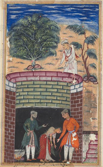 Page from Tales of a Parrot (Tuti-nama): Seventh night: The daughter of the king of the jinns bows before the King of Kings who has just undergone the ordeal of passing through boiling oil to emerge as a youth, c. 1560. India, Mughal, Reign of Akbar, 16th century. Opaque watercolor and gold on paper;