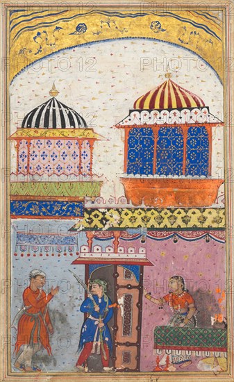 Page from Tales of a Parrot (Tuti-nama): Eighth night: A woman asks her lover to leave her house, brandishing his sword and feigning rage in order to deceive her husband who has just arrived, c. 1560. India, Mughal, Reign of Akbar, 16th century. Opaque watercolor and gold on paper;