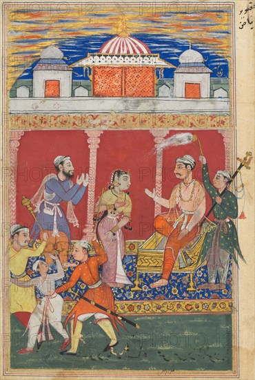 Page from Tales of a Parrot (Tuti-nama): Eighth night: The prince’s ordeal continues, he is ordered away to be executed for the fifth time, c. 1560. India, Mughal, Reign of Akbar, 16th century. Opaque watercolor and gold on paper; overall: 20 x 14.4 cm (7 7/8 x 5 11/16 in.).