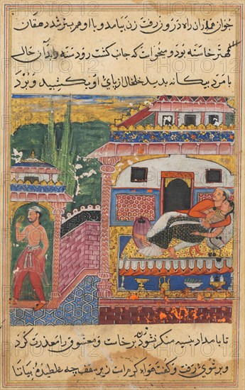 Page from Tales of a Parrot (Tuti-nama): Eighth night: The farmer, father of the son with the deceitful wife, steals away with her anklet while she is in bed with her lover, 1558-1560. India, Mughal, Reign of Akbar (1556-1605), 16th century. Opaque watercolor, ink, and gold on paper;