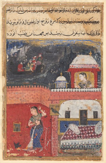 Page from Tales of a Parrot (Tuti-nama): First night: Khujasta kills the pet myna who advises her not to be unfaithful to Maymun, her husband, c. 1560. India, Mughal, Reign of Akbar, 16th century. Opaque watercolor, gold and ink on paper; page: 19.9 x 14.2 cm (7 13/16 x 5 9/16 in.); painting: 12.9 x 10.5 cm (5 1/16 x 4 1/8 in.).