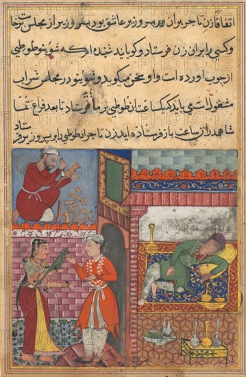 Page from Tales of a Parrot (Tuti-nama): Tenth night: The vizier’s son receives the magic wooden parrot from the wife of the merchant’s son, who is drunk, and has a replica made by a carpenter, c. 1560. India, Mughal, Reign of Akbar, 16th century. Opaque watercolor, ink and gold on paper; overall: 20.1 x 13.2 cm (7 15/16 x 5 3/16 in.).