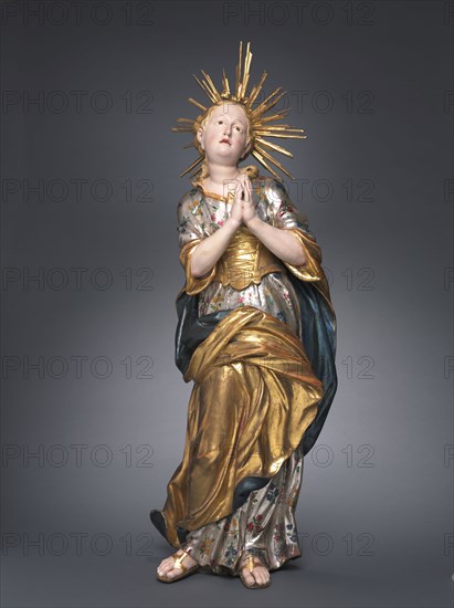 Virgin Mary as a Child, 1750-1775. Austria, Vienna, 18th century. Painted and gilded wood; overall: 106.6 x 39.3 x 21.7 cm (41 15/16 x 15 1/2 x 8 9/16 in.); without halo: 96.2 cm (37 7/8 in.).